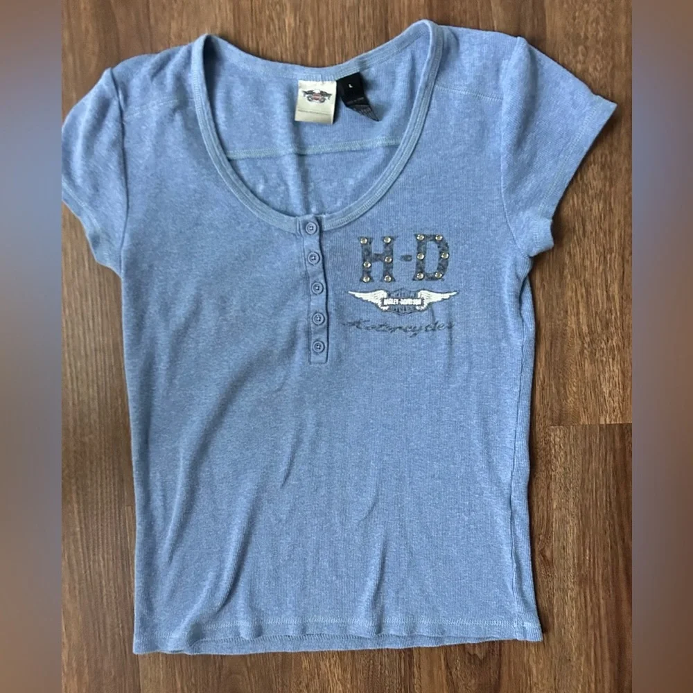 Y2K HARLEY-DAVIDSON Baby Tee Rhinestone Logo Henley Fitted 2000s Moto Indie Sz L - Picture 3 of 9